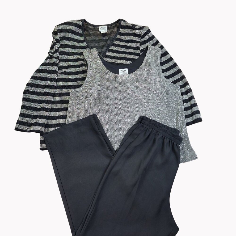 R&M Richards size 16 Womens 3 Piece Pant Set Sparkle Tank Striped Cardigan Outfi
